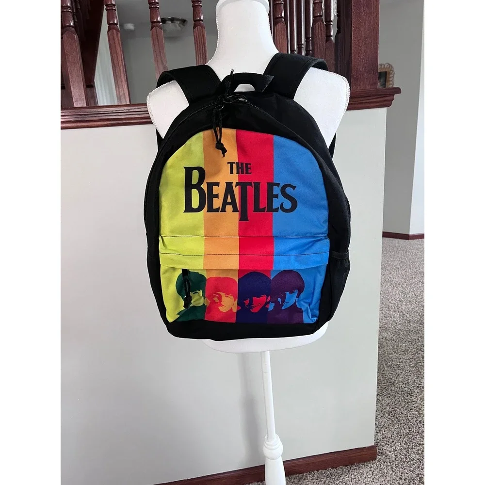 The Beatles Rainbow Portrait Backpack Black Canvas Music Bookbag Multi-Color